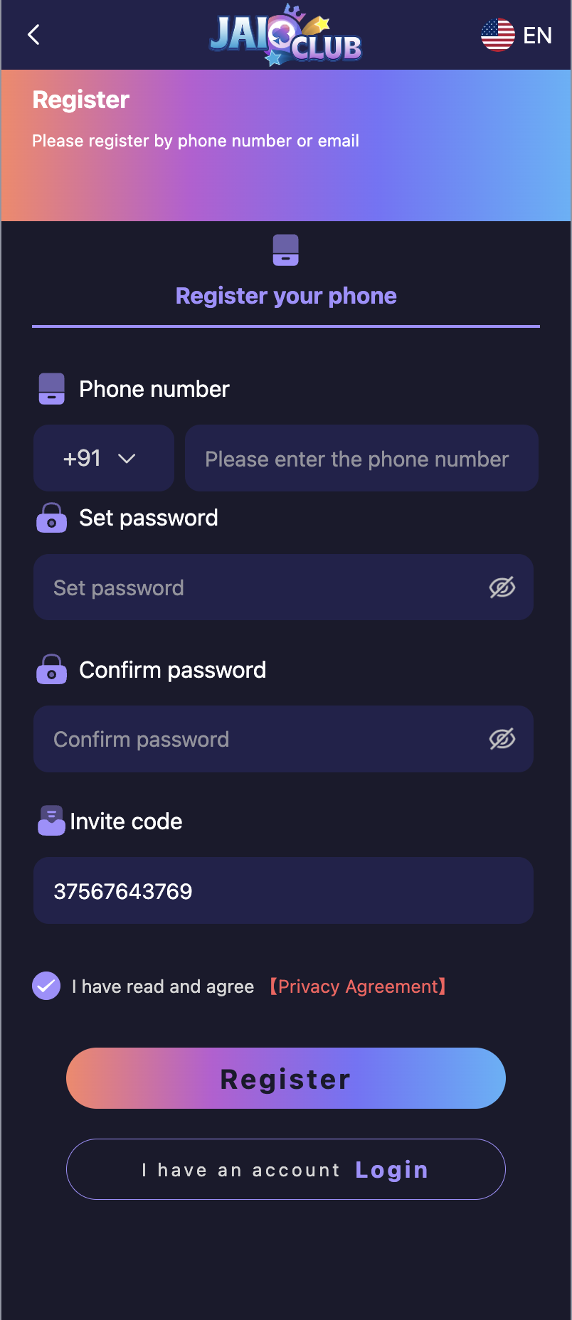 Jai Club Register Page